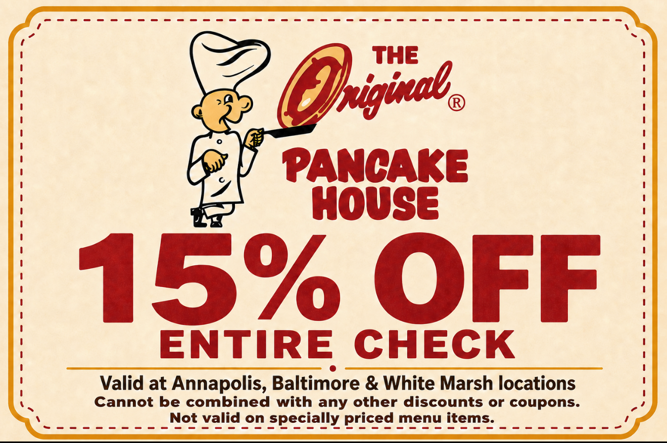 15% off your total check — valid at Annapolis, Baltimore and White Marsh locations
